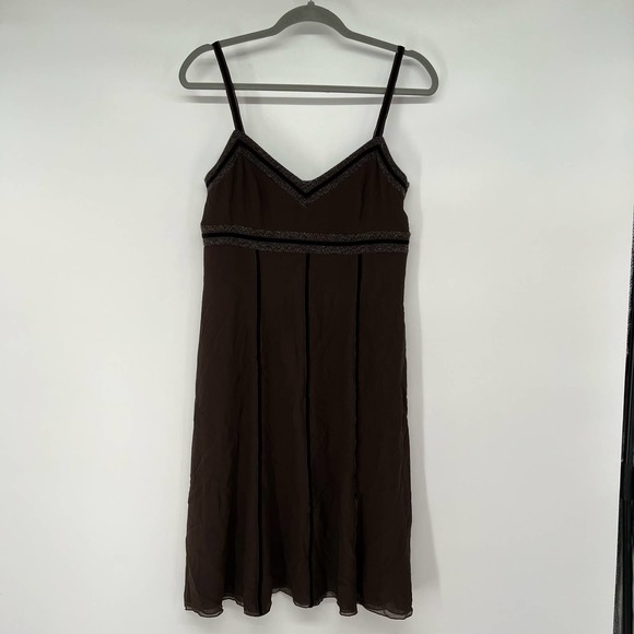 Feraud Pleated Mini Dress Womens Size 10 Brown Silk Strappy Sleeve Sweetheart - Picture 1 of 7
